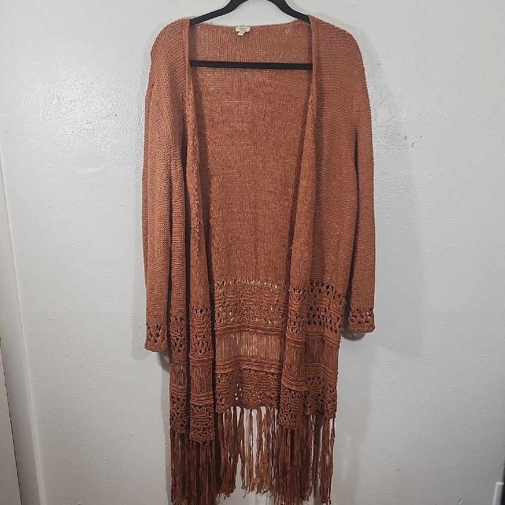 Reba Rust Fringe Open-Front Cardigan